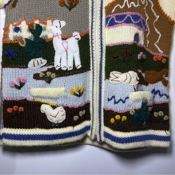 Handmade Kids Knit Zip Hoodie Jacket Llama Embroidery Village Scene Size M 8-10 - Picture 3 of 11